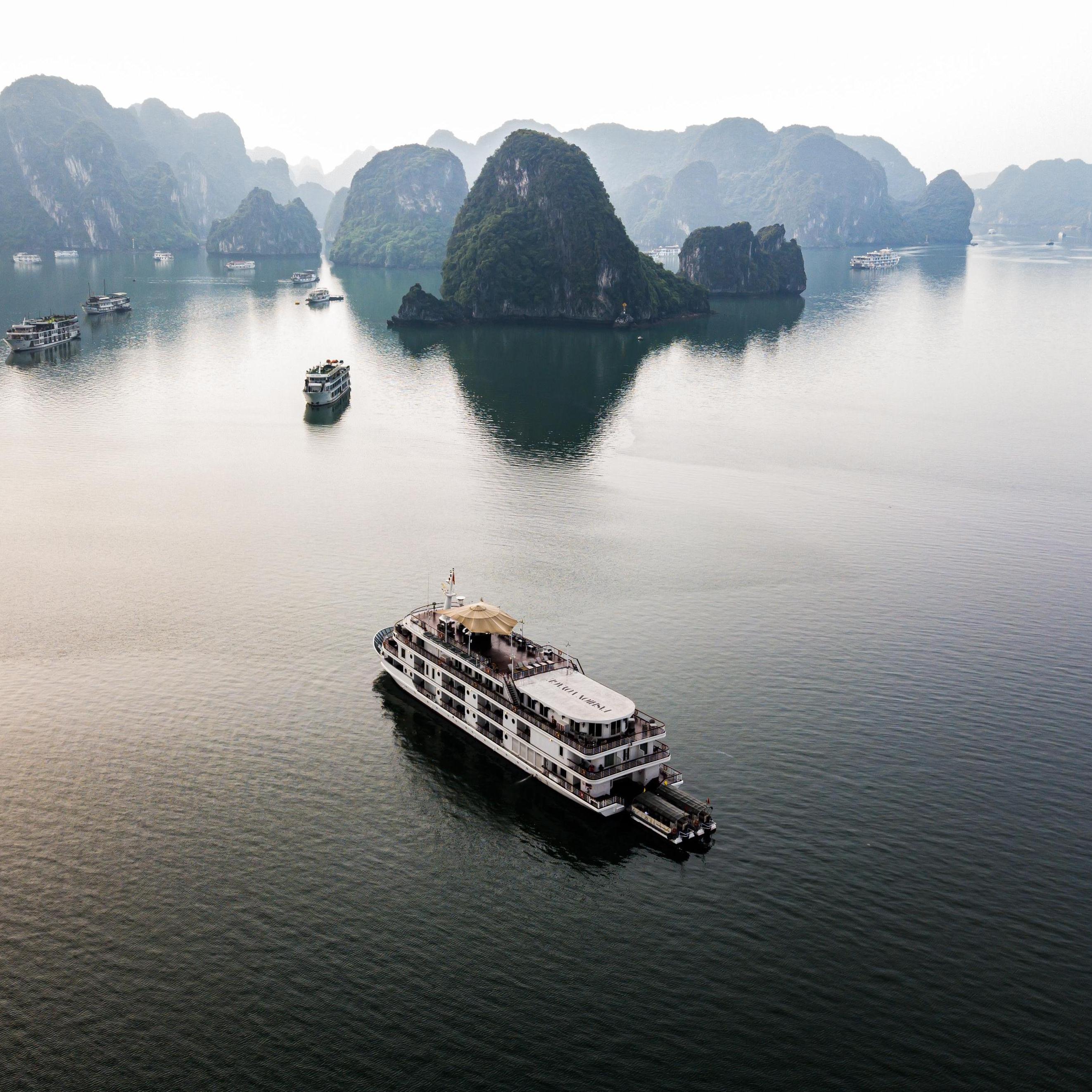 This is the boat that Ned proposed to Dena on.  This photo was taken with Ned's drone the morning after in Ha Long Bay, Vietnam