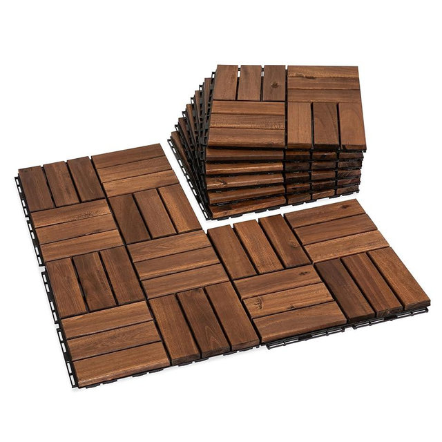 VICTORY RELAX Acacia Wood Flooring Interlocking Deck Tiles for Patio Decor 9 Pcs 12 Slats VR Brown - Waterproof Indoor & Outdoor Decor - Balcony Garden Decking Tile (12.2 * 12.2 * 0.7 inches)