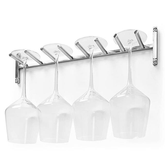 Wine Glass Rack, Wall Mounted Wine Glass Rack, Under Cabinet Stemware Rack for Kitchen, Wine Glass Holder Glasses Storage Hanger Copper Hanging 4 Wine Glasses with Class by Wanda Living - Silver