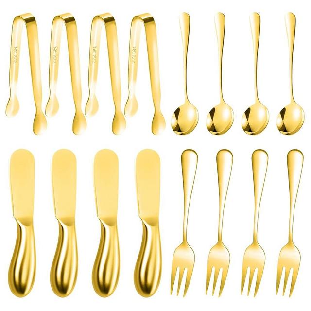 Cheese Butter Spreader Knives Set Charcuterie Accessories 16 Pieces Charcuterie Boards Utensils Stainless Steel Spreader Knife Mini Serving Tongs Spoons and Forks for Jam Appetizers Pastry (Gold)