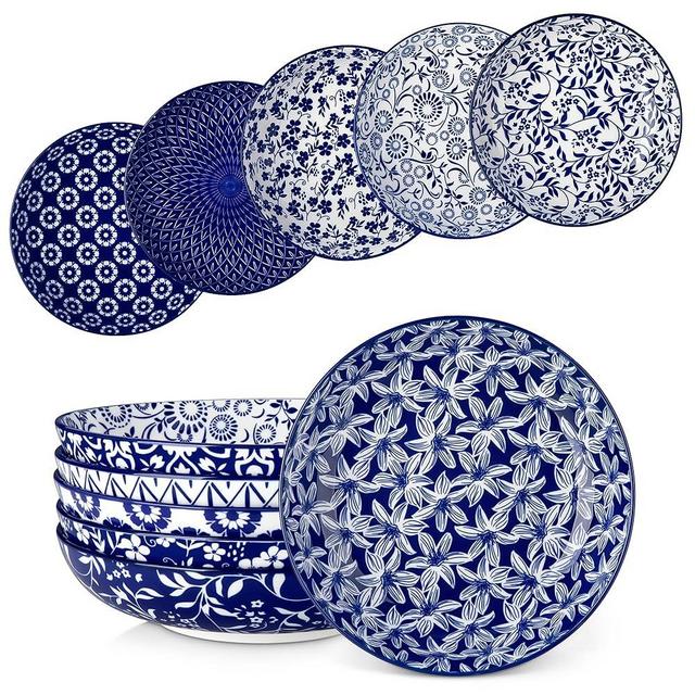 vancasso Pasta Bowls Set of 6, 50 oz Large Ceramic Serving Bowls, Wide Shallow Salad & Soup Bowls, 9.5 Inch Kitchen Pasta Plates, Microwave and Dishwasher Safe, Blue White Floral Design