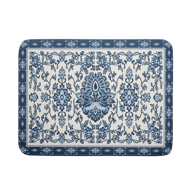 Boho Floral Blue Dish Drying Mat for Kitchen Counter 18x24 Vintage Chinoiserie Flower Print Absorbent Reversible Microfiber Drying Mats Kitchen Countertop Protector Dishes Drainer Rack Pad
