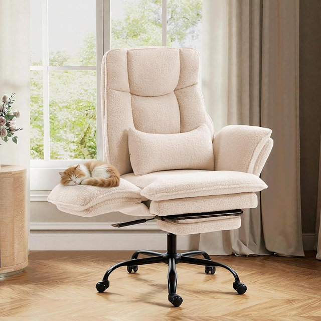 Office Chair,Big and Tall Heavy-Duty Executive Reclining Computer Gaming Chair with Footrest,Flip Armrests,Lumbar Pillow&Thicken Wider Seat for Criss Cross Legged Desk Vanity Chair,Teddy Fabric Beige