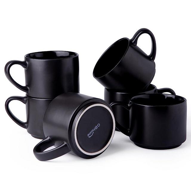 GBHOME 14oz Coffee Mugs Set of 6, Stackable Ceramic Coffee Mugs for Men Women Dad Mom, Modern Coffee Mugs With Handle For Latte,Tea,Cappuccino,Cocoa. Dishwasher&Microwave Safe, Matte Black