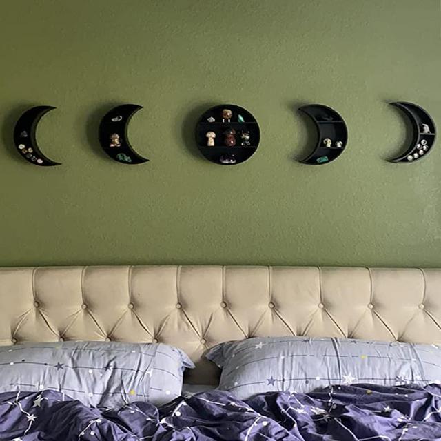 5 Pieces 10" Black Moon Phase Shelf Set, Solid Wood, Bed Sofa Wall Decor Storage Rack, Moon Decors Crystal Display Shelf, Boho Shelf Decor Moon Shelf, Crescent Floating Shelves, Witch Gift