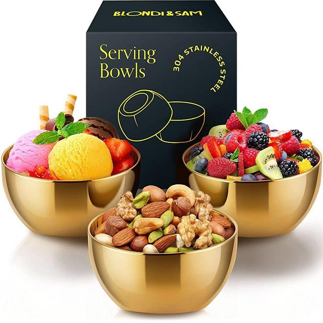 BLONDI&SAM Gold Small Serving Dessert Bowls for Rice, Snacks, Candy, Ice Cream Bowls Set of 3, Party Bowls, Pasta Serving Bowl, Poké Ball Serving Bowl Set, Stainless Steel 12.5 Ounce Capacity