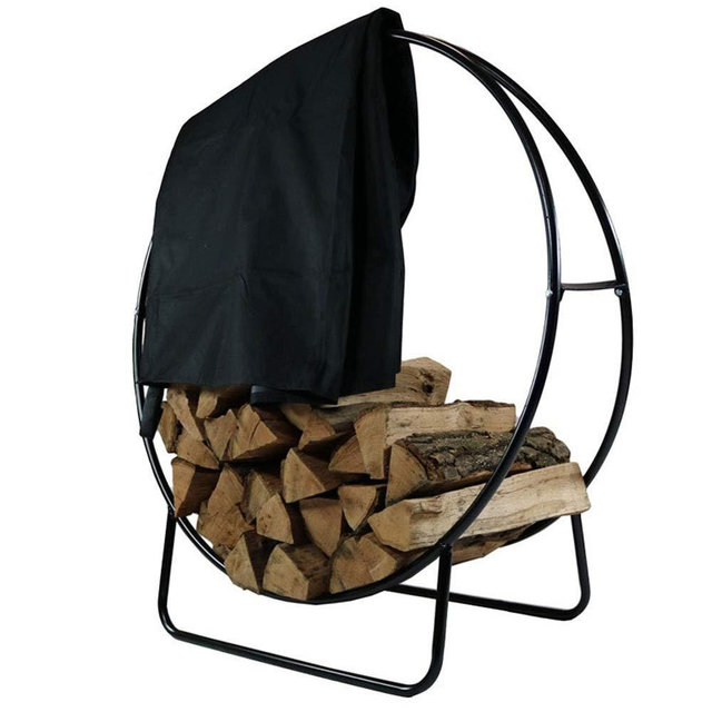 Sunnydaze Outdoor Firewood Log Hoop and Cover Set - 24-Inch Powder-Coated Steel Lumber Storage Rack and Black Weather-Resistant Heavy-Duty Protective PVC Cover