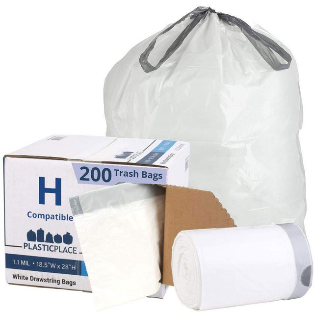 Plasticplace Custom Fit Trash Bags simplehuman (x) Code H Compatible, 8-9 Gallon, 30-35 Liter,18.5" x 28", 200 Count, White