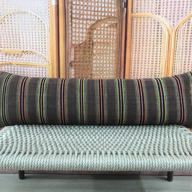 Retro Decor Kilim Pillow, Vintage Handcrafted Brown Striped Pillow Cover, Colorful Accent Bed Headboard Cushion 12x42kp118