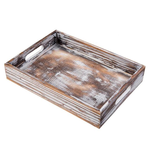 Liry Products Rustic Whitewashed Wood Food Serving Tray Cutout Carrying Handles Breakfast in Bed Coffee Platter Table Wine Brown Rectangular Nesting Crate Desktop Document Holder Office Home Kitchen