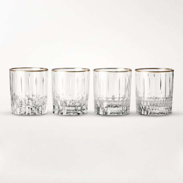 Wilshire Jewel Cut Gold Rim Double Old-Fashioned Glasses, Set of 4