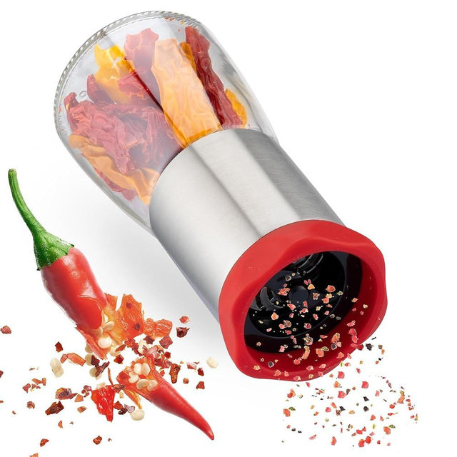 ZOLMER® Chili Pepper Grinder Stainless steel & glass | Hot pepper grinder cutting unit for coarse spices & chili with aroma protection lid