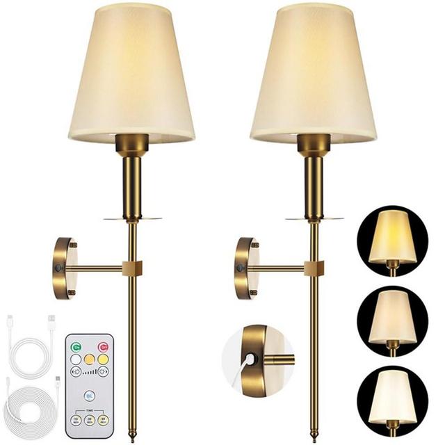 LAMPYLIFE Battery Operated Wall Sconce Set of 2, with Remote Wireless Lights Fixture for Wall Decor Indoor, Rechargeable Cordless Wall Lamp for Living Room Bedroom (Gold)