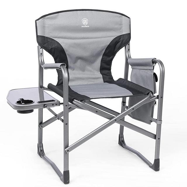 EVER ADVANCED Lightweight Folding Directors Chairs Outdoor, Aluminum Camping Chair with Side Table and Storage Pouch, Heavy Duty Supports 350LBS (Grey/Black)