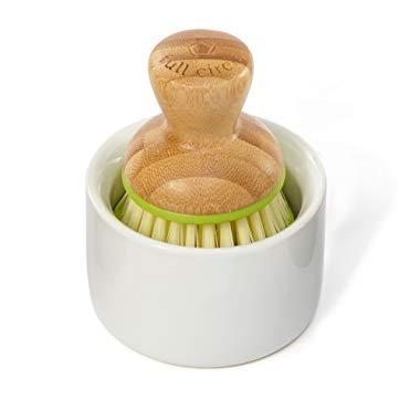 Full Circle Bubble Up Ceramic Soap Dispenser & Bamboo Dish Brush, Green/White, Dispenser