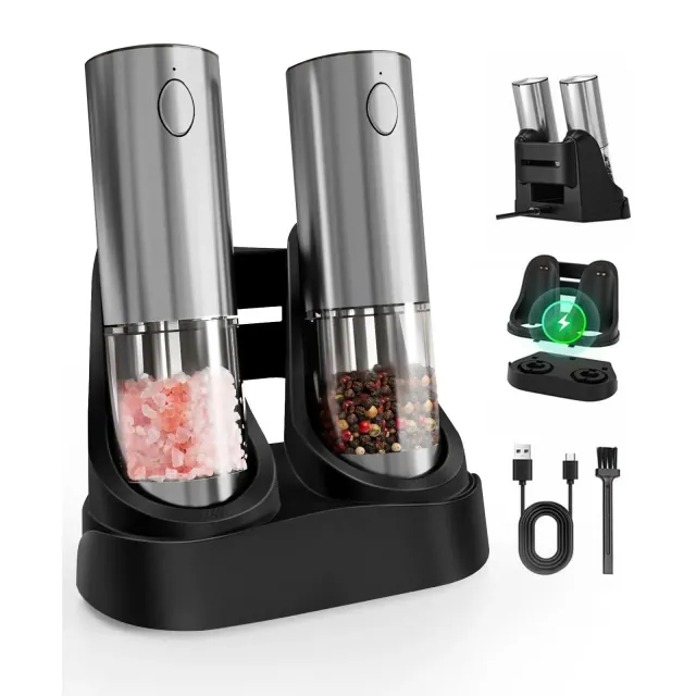 SUGIFT Electric Salt and Pepper Grinder Set - Automatic Refillable Salt and Pepper Grinders with Charging Base & LED Light