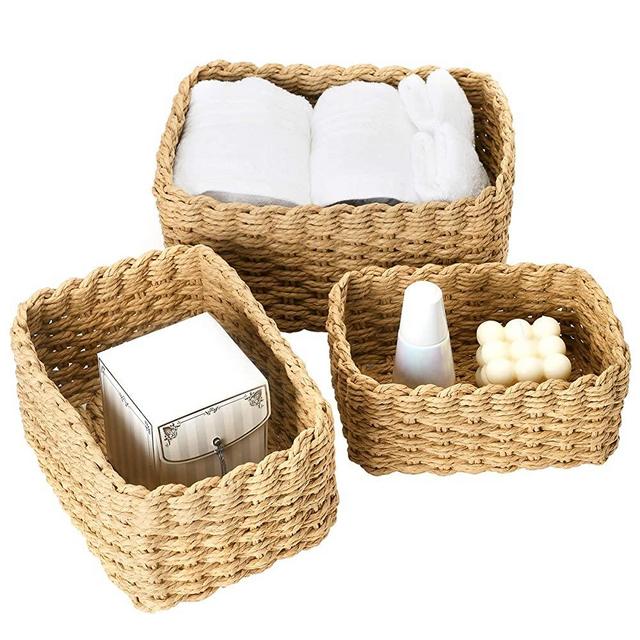 LA JOLIE MUSE Woven Storage Baskets, Recycled Paper Rope Bin Organizer Divider for Cupboards Drawer Closet Shelf Dresser, Set of 3 (Desert)