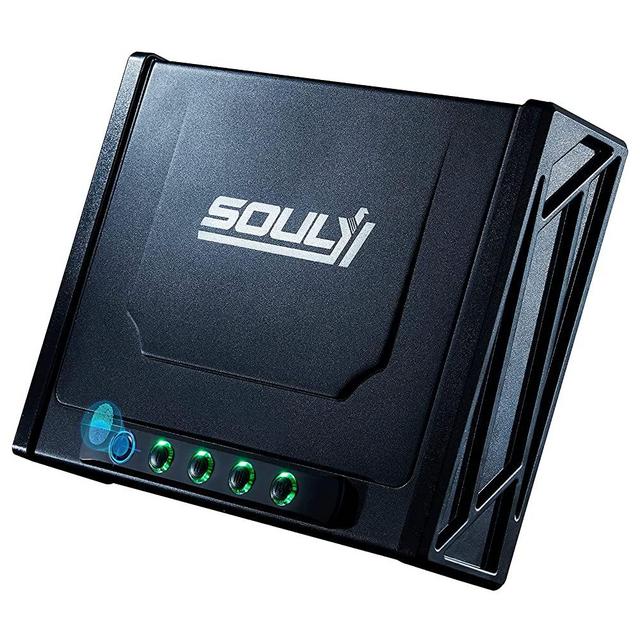SOULYI Biometric Gun Safe for 4 Pistols Safe DOJ Certified with 3 Quick Access Fingerprint Handgun Safe,Digital Keypad Black Bedside Firearm Safety Car Safe Hardened Steel Lock Box