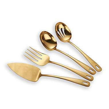 Berglander Stainless Steel Golden Titanium Plated Flatware Serving Set 4 Pieces, Cake Server Cold Meat Fork Pierced Serving Spoon Serving Spoon, Golden Silverware Set (shiny, Golden)