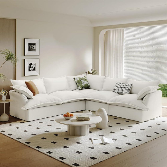 5 Seat V Shape Modular Sectional Couch Sofa for Living Room,Deep Seat Sofas Cushion Covers Removable,Modern Down Fill Cloud Sectional Couches for Office Home,Linen Fabric,Cream White