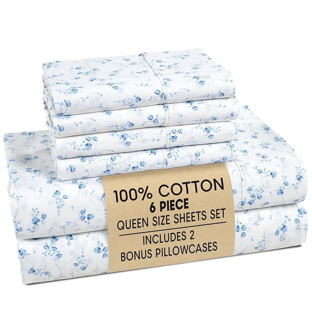 Casa Platino 100% Cotton Sheets Queen Size Set - 6 Pieces (1 Flat, 1 Fitted, 4 Pillowcases) - Soft & Breathable Percale Weave - Cooling Bed Sheets with Deep Pocket - Durable Queen Sheet Set - Floralis