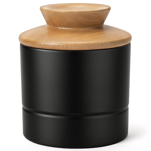 French Butter Dish with Lid for Countertop,Samseel Butter Crock with Water Line and Wooden Lid,Butter Keeper for Spreadable,Matte Black