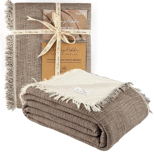DREAMY RIKKA Muslin Gauze Cotton Blanket, 100% Oeko-TEX Certified, 3 Layer 2 Ply, Soft Breathable All Season Bedding, Bed Layering Coverlet, Large Queen Size 89 x 95 in, Mocha Brown
