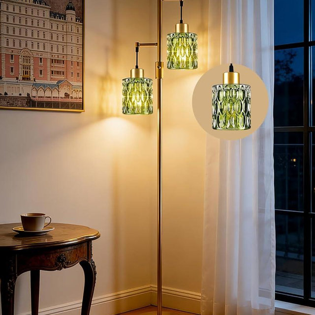 Lightdot 65IN Industrial Gold Floor Lamp for Living Room, 2- Light Green Glass Floor Lamps with 3000K Warm White Bulbs, Modern Farmhouse Tree Standing Tall Lamp for Bedroom Office Home Decor