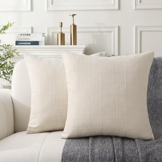 WHATWEARS 18" x 18" Decorative Throw Pillow with Inserts, Set of 2 Modern Neutral Farmhouse Vintage Throw Pillows, Square Boho Pillow for Couch, Bed, Sofa Decor (Beige, 18" x 18"(Pack of 2))