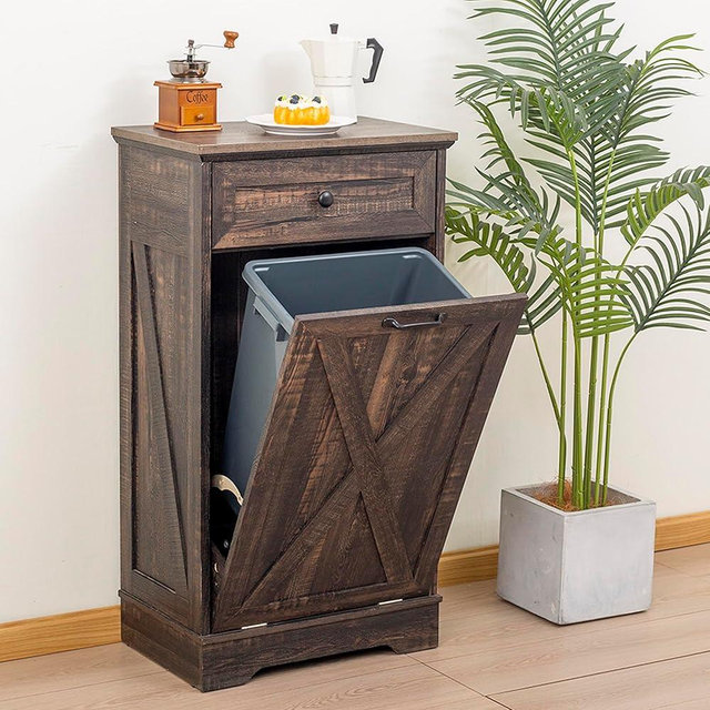 TDLEAYYD 13 Gallons Wooden Tilt Out Trash Cabinet with Drawer, Kitchen Trash Can Cabinet Garbage Recycling Cabinet Pet Proof Trash Cabinet for Kitchen, Living Room (Rustic Grey)