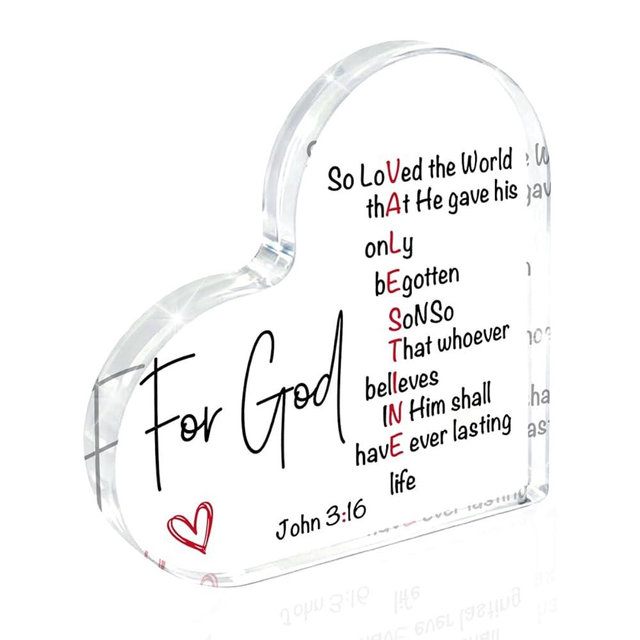HTBIG Valentines Day Gifts Christian Valentines Decor, Rustic John 3:16 Bible Verse Scriptures Heart Shape Acrylic Block Home Tabletop Shelf Desk Decoration God s Gift Of love To The World