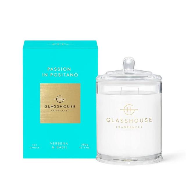 Glasshouse Fragrances Passion in Positano Candle, Triple Scented Natural Soy Wax Blend, 2 Wicks & Glass Jar, 65 Hour Burn Time, Verbena & Basil, 13.4 Oz (380g)