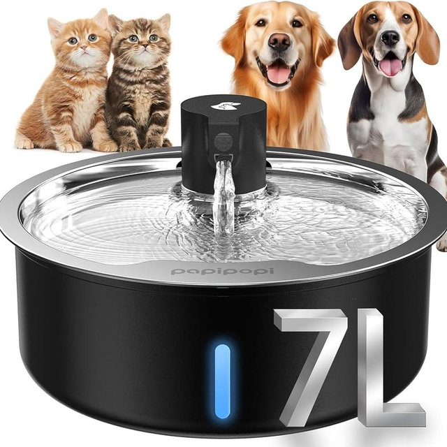 Dog Water Fountain, 7L/1.8G/236oz Stainless Steel Dog Water Fountain for Large Dogs, Dog Water Bowl Dispenser, Super Quiet Pump and Replacement Filters for Cats and Dogs (Black, 7L)