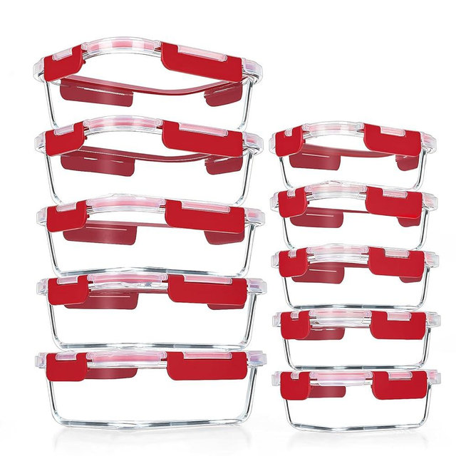 VERONES 10Pack Glass Meal Prep Containers, Airtight Glass Lunch Containers,Stackable Glass Food Storage Containers Set with Lids,Exclusive of BPA, for Microwave,Oven, Freezer&Dishwasher Friendly,Red