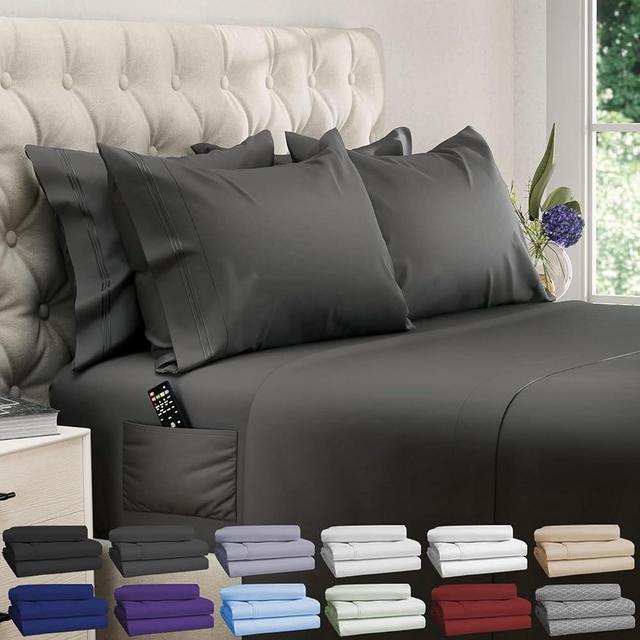 DREAMCARE Queen Sheet Set – 6 pcs Cooling Bed Sheets – up to 21” Deep Pocket Queen Sheets Set - 2500 Supreme Collection – Extra Soft 100% Brushed Microfiber Hotel Luxury with Side Pocket - Gray