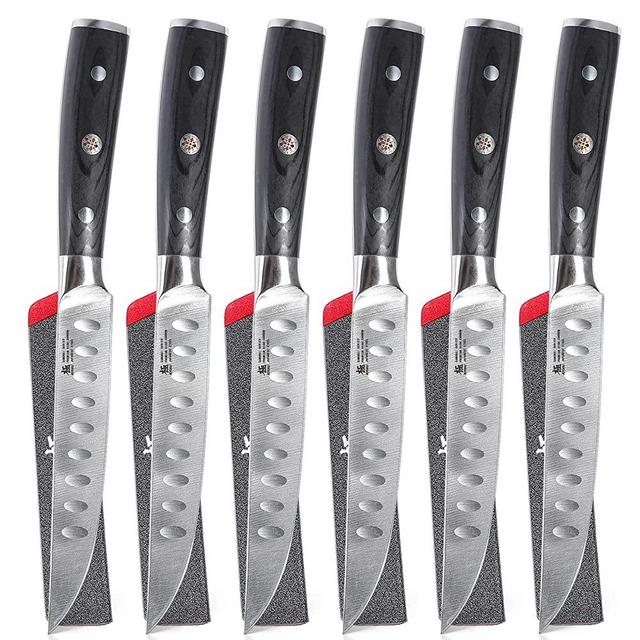 KYOKU Steak Knife Set of 6, Samurai Series 5" Steak Knives, Non Serrated High Carbon Steel Knives Set with Case Pakkawood Handles Mosaic Pins Sheaths, Ultra Sharp Dinner and Kitchen Knife Cutlery Set