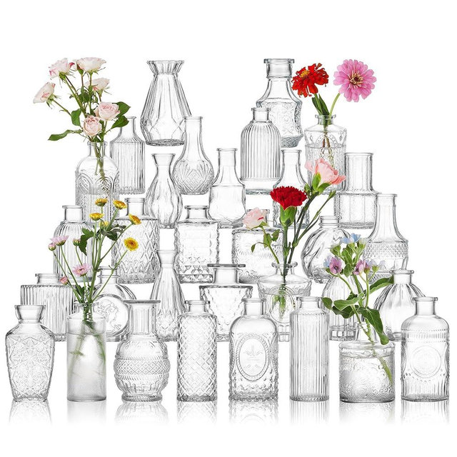 Glass Bud Vase Set of 32 Pcs, Vintage Clear Small Glass Vases for Flowers, Glass Bud Vases in Bulk, Mini Vase for Centerpieces, Wedding, Home Decor and Events