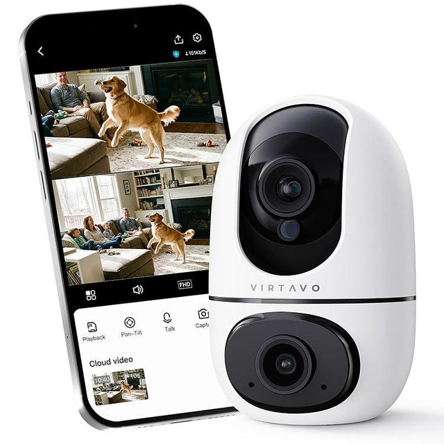 virtavo XD1 Indoor Security WiFi Camera, No Subscription Required, Dual-Lens 360° PTZ Baby Monitor & Pet Cam, Motion Tracking, 2-Way Audio, Night Vision, Cloud/SD Storage, Phone App, Plug-in Power