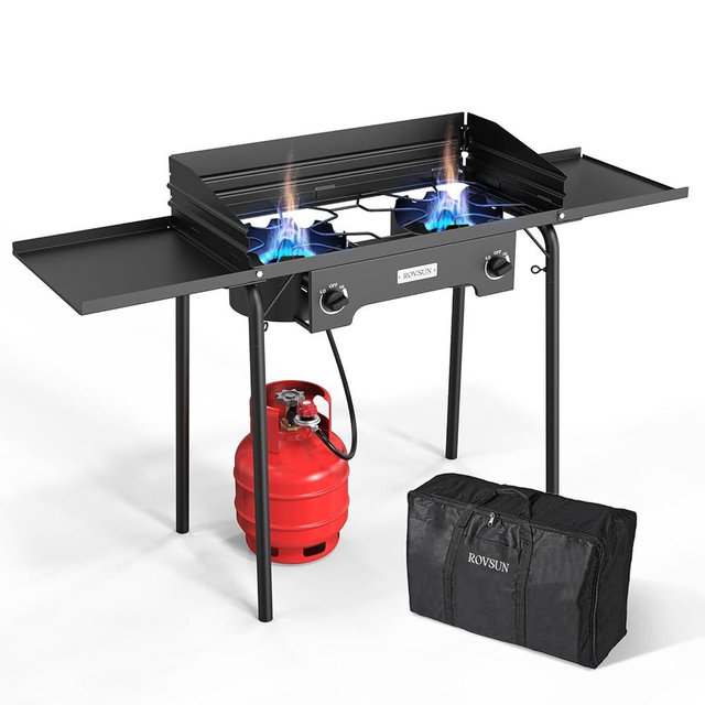 ROVSUN 2 Burner Outdoor Propane Gas Stove with Regulator, Windpanel, Bag & Side Shelves, 150,000 BTU Powerful Stand Cooker for Backyard Cooking Camping Home Brewing Canning Turkey Frying