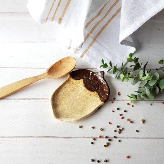 Ceramic acorn spoon rest handmade Woodland kitchen decor Pottery utensil holder