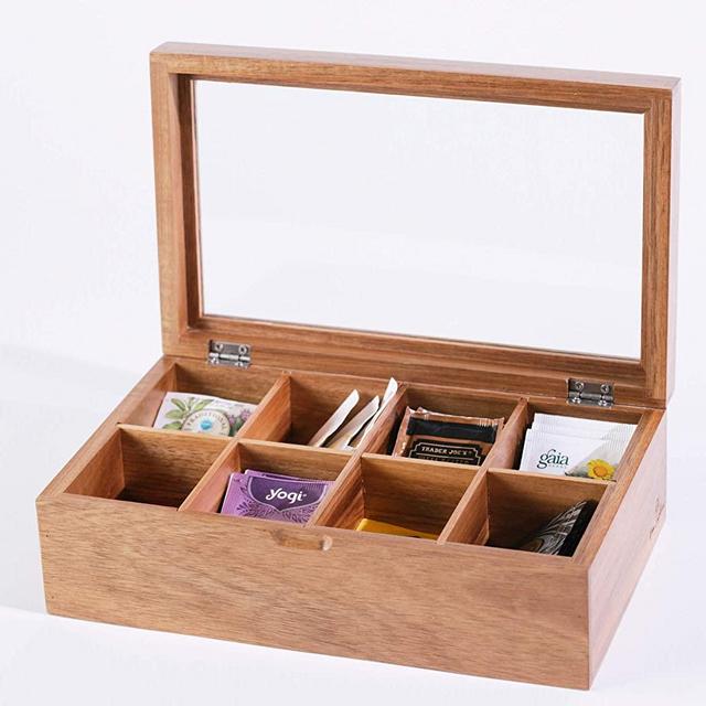 Home Euphoria Premium Natural Bamboo or Warm Acacia Tea Box Organizer with Real Glass Lid For Tea Storage With 8 Adjustable Compartments. (Acacia)