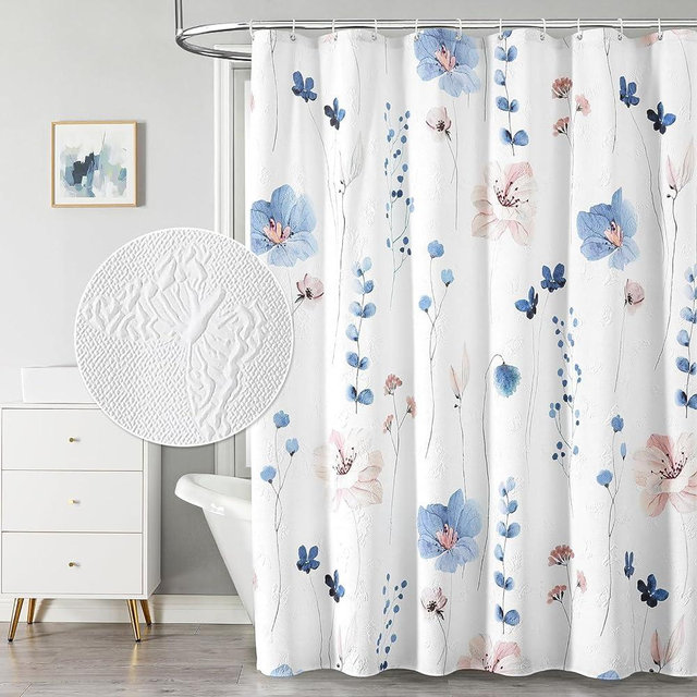 QiyI Watercolor Floral Shower Curtain, 3D Embossed Textured Blue Pink Flower Bathroom Curtain, Modern Minimalist White Cloth Bath Curtain, Waterproof Fabric Shower Curtain Set with Hooks, 72x72 Inch