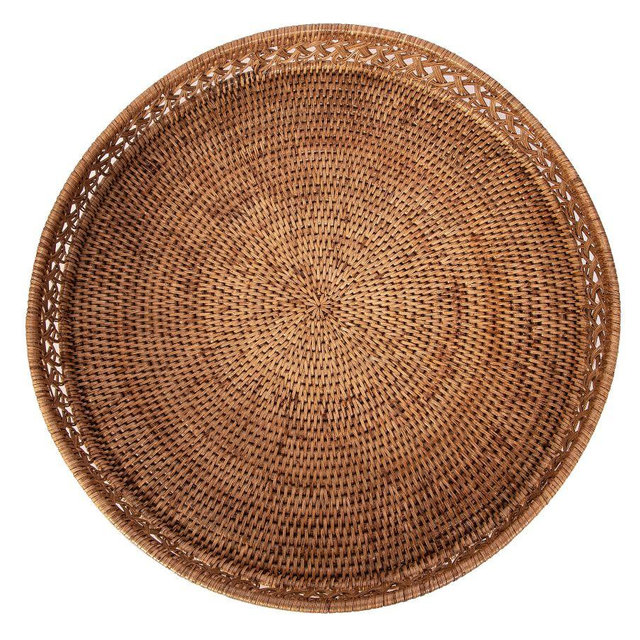 Handwoven Tava Braided Rattan Round Tray with Glass Insert, 19” - Honey Brown