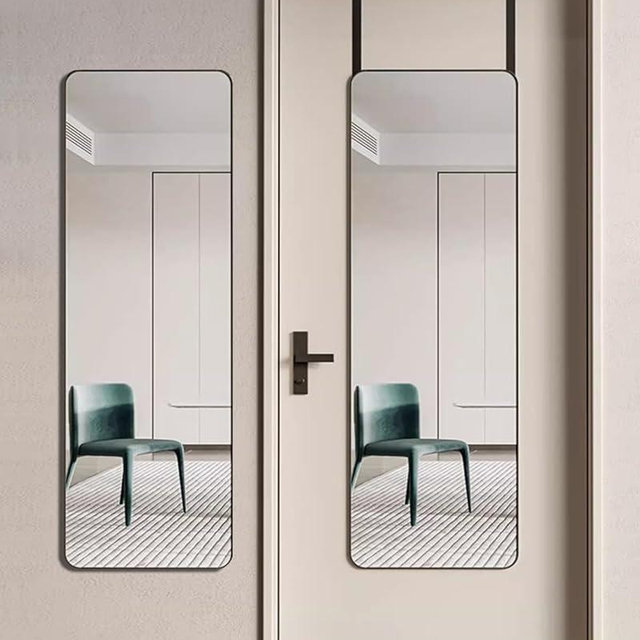 BEVERDY Full Length Mirror, 14"x 48" Over The Door Hanging, Rounded Corner, Wall Mirror, Full Body, Black