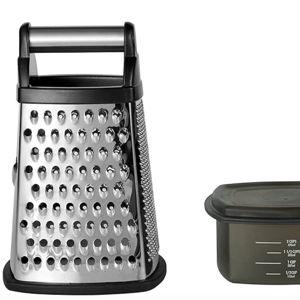 KitchenAid Gourmet 4-Sided Stainless Steel Box Grater for Fine, Medium and Coarse Grate, and Slicing, Detachable 3 Cup Storage Container and Measurment Markings, Dishwasher Safe, 10 inches tall, Black