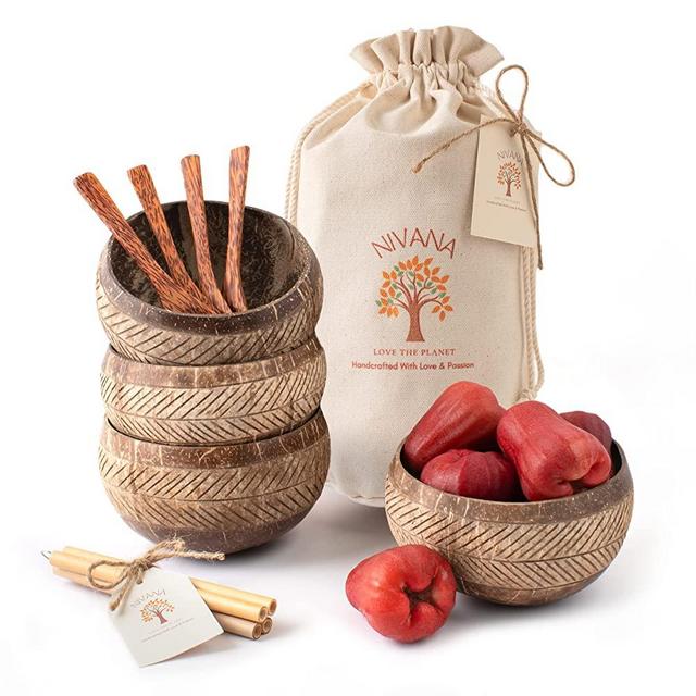 NIVANA Coconut Bowl and Spoons Set 1 (Set of 4) - Boho Serving Bowl for Smoothies, Pasta, Salad, Ramel - Eco-friendly Gift Set