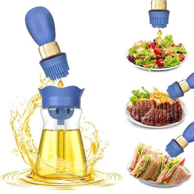 VENMATE Olive Oil Dispenser Bottle With Silicone Brush 2 In 1, Silicone Dropper Measuring Oil Dispenser Bottle for Kitchen Cooking, Frying, Baking, BBQ Pancake, Air Fryer (BLUE)