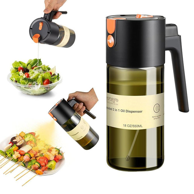 hoforife Glass 2 In 1 Olive Oil Dispenser Bottle for Kitchen Gadgets, Olive Oil Sprayer for Cooking 17oz/500ml (Light Blockage, Black)