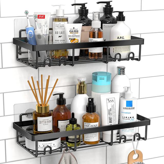 Moforoco Shower Caddy Shelf Organizer Rack(2Pack), Self Adhesive Black Bathroom Shelves Basket, Home Wall Shower Inside Organization and Storage Decor Rv Accessories, First Apartment Essentials