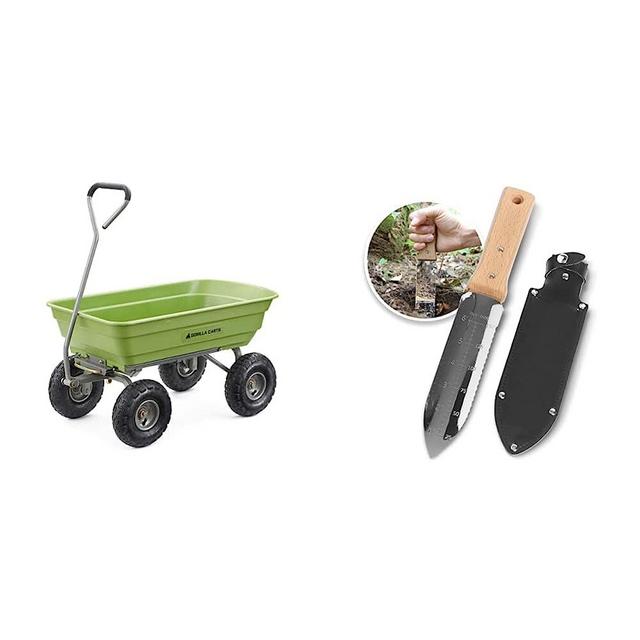 Gorilla Carts 600 Pound Capacity Heavy Duty Poly Yard Garden Steel Quick Dump Utility Wheelbarrow Wagon Trolley Cart & NISAKU NJP650 The Original Hori Hori Namibagata Japanese Stainless Steel Knife